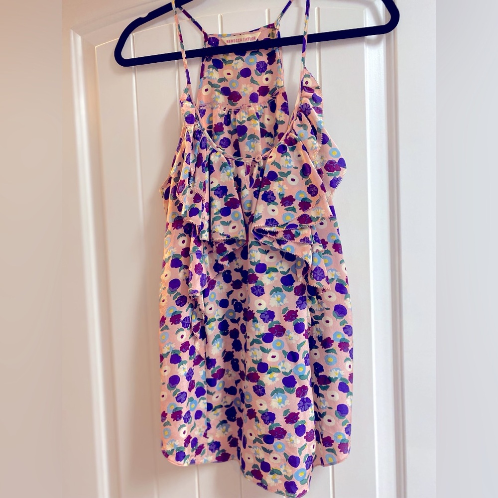 REBECCA TAYLOR Floral Ruffle Front Silk Cami Sz 10